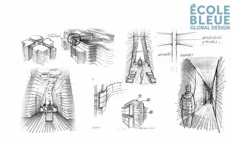 travaux d’étudiants de design global regroupant des projets d’architecture intérieure, de design produit et de design graphique