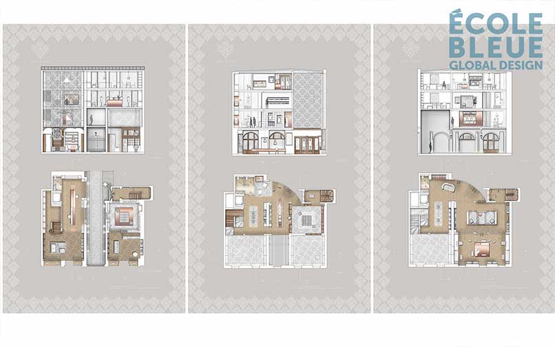 travaux d’étudiants de design global regroupant des projets d’architecture intérieure, de design produit et de design graphique