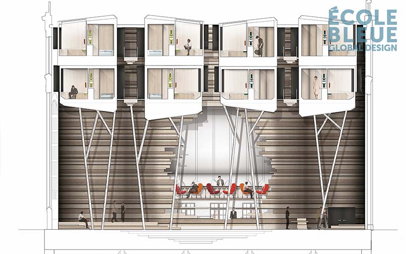 travaux d’étudiants de design global regroupant des projets d’architecture intérieure, de design produit et de design graphique